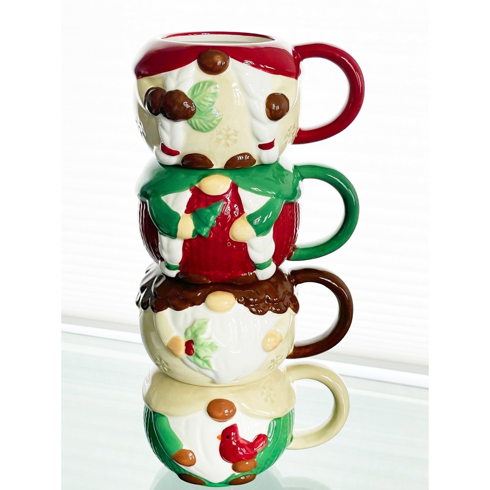 St Nicholas Square Christmas Mugs Gnomes Stacking Set of 4 Cups Hand Painted